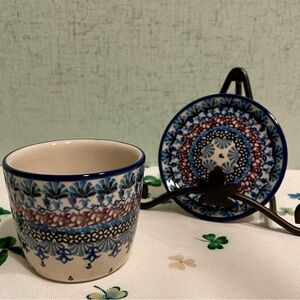 POLISH POTTERY Floral Patterned Cup and Coaster Set